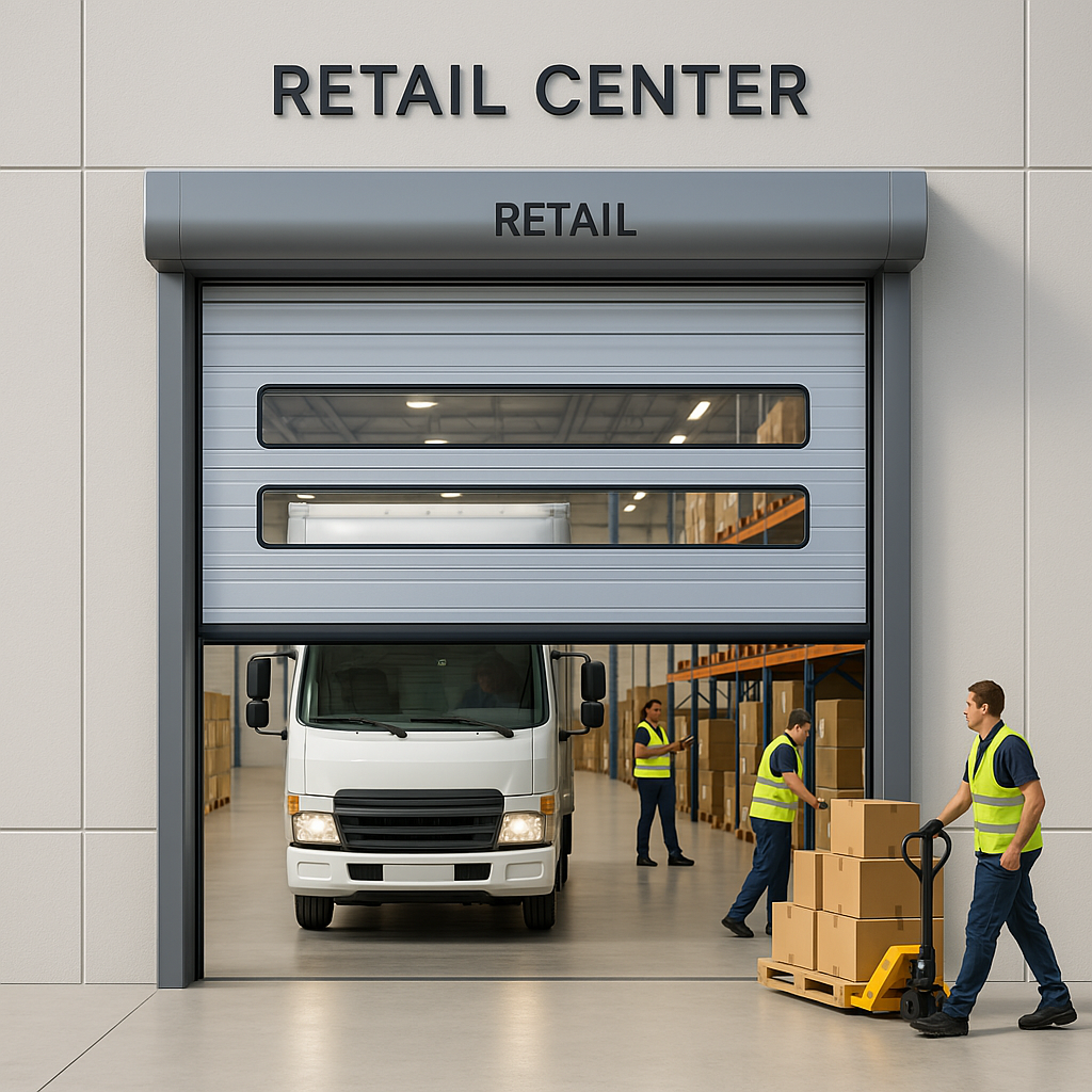 High-speed commercial garage door at a retail center loading dock with delivery truck and workers.